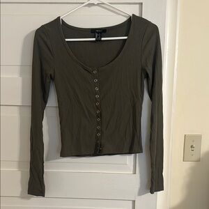 Ribbed Olive Button-Up Top